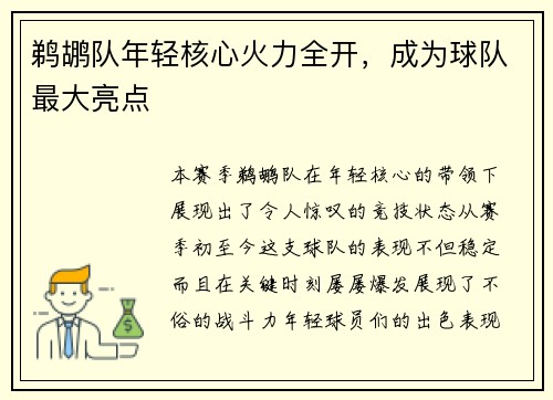 鹈鹕队年轻核心火力全开，成为球队最大亮点
